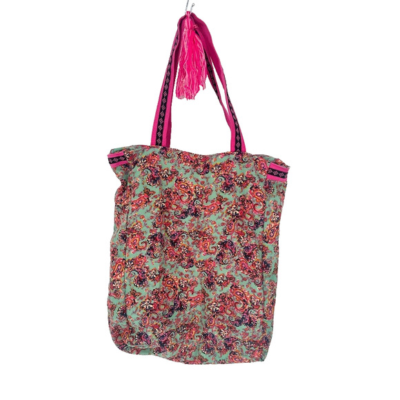 America & Beyond Floral Boho Shoulder Zip Tote Bag Purse Green Pink - Picture 1 of 10